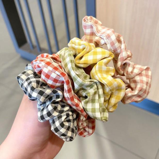 Set 8 Dây Cột Tóc Scrunchies Caro Size Nhỏ-Tặng Túi Zip