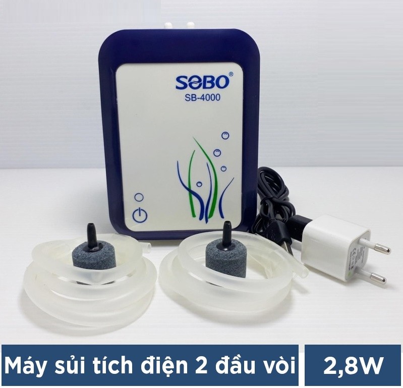 Máy Sủi Khí Oxy Tích Điện 2 Vòi Sobo SB-3000 2.8W - 3Lít/Phút , Sobo SB-4000 - Máy Oxi Cho Hồ Cá, Tiện lợi khi Bị mất điện, Đi Câu Cá