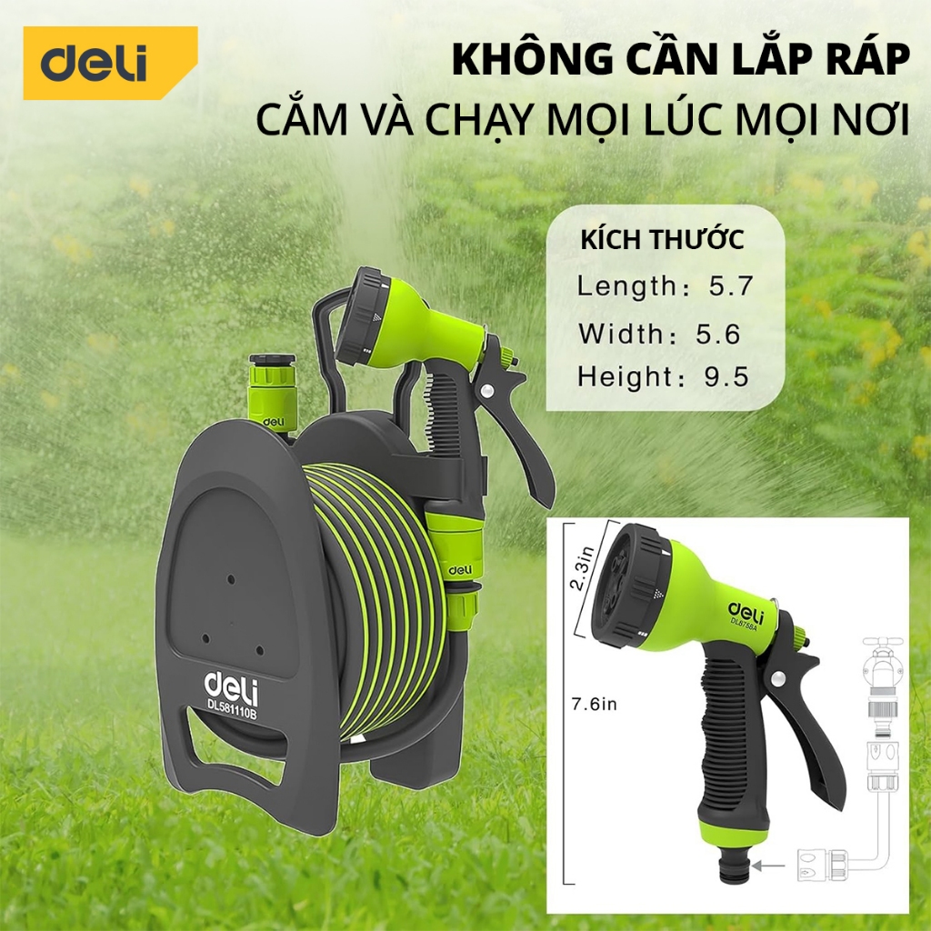 Bộ vòi nước tưới cây, rửa xe đa năng Deli dây dài 10m - Tặng kèm bộ phụ kiện đầu nối đa năng