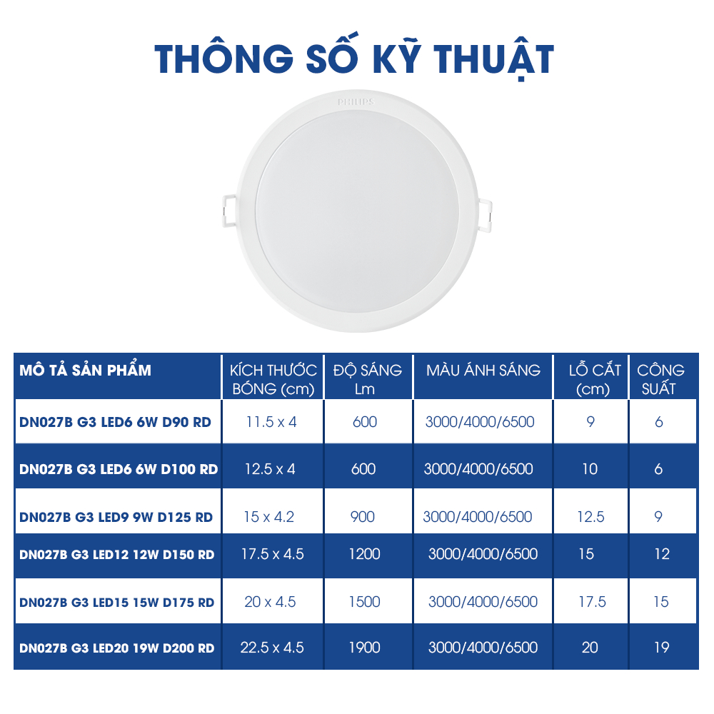 Đèn PHILIPS LED âm trần DN027B G3 - 6W, 9W, 12W, 15W, 19W (3000K/ 4000K/ 6500K)