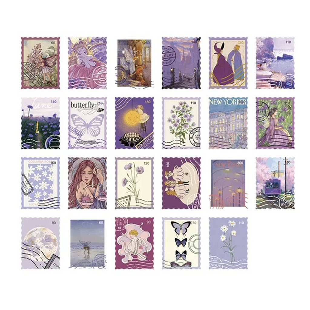 Hộp 46 pcs stickers dạng tem thư kiểu cổ điển vintage dùng để trang trí sổ tay nhật kí