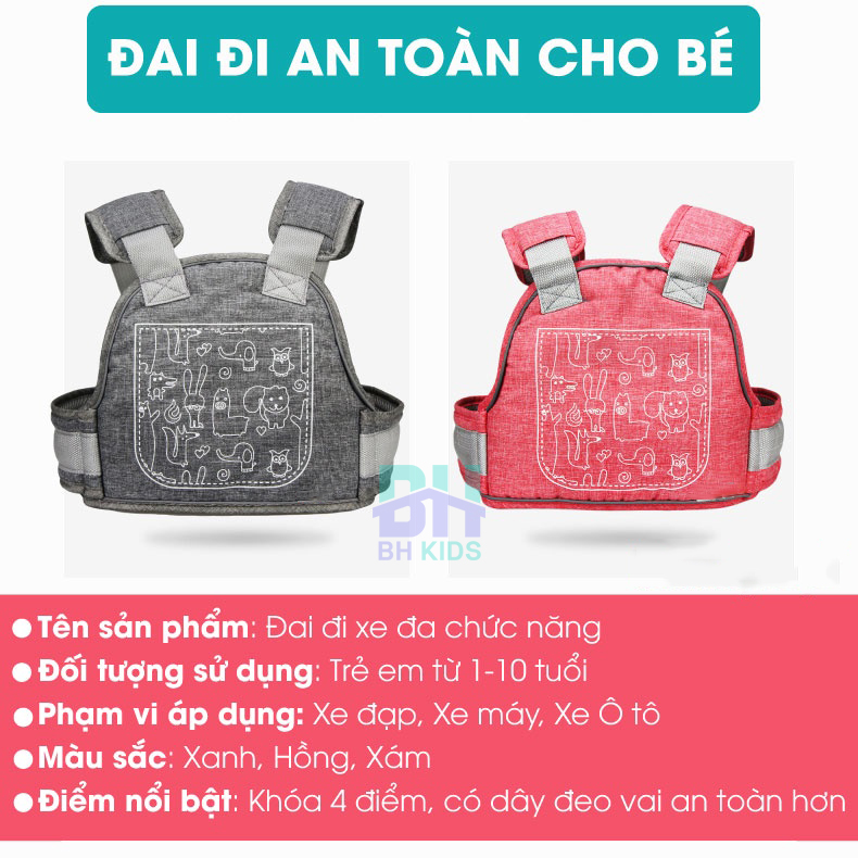 Đai đi xe máy BH Kids an toàn cho bé (từ 1 đến 10 tuổi), chống bụi bẩn, thoáng khí, chắc chắn, phát sáng ban đêm