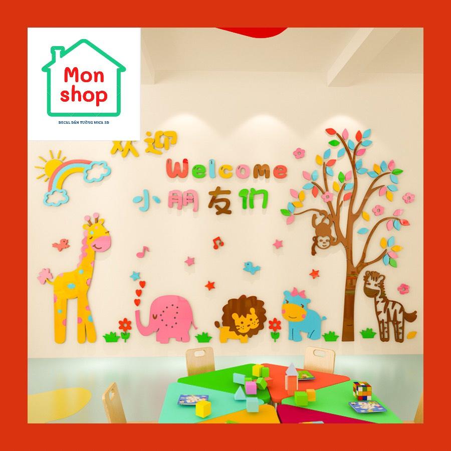 Decal dán tường mica 3D thế giới động vật trang trí phòng bé yêu, lớp học mầm non, tranh dán nổi, bóc dán dễ dàng