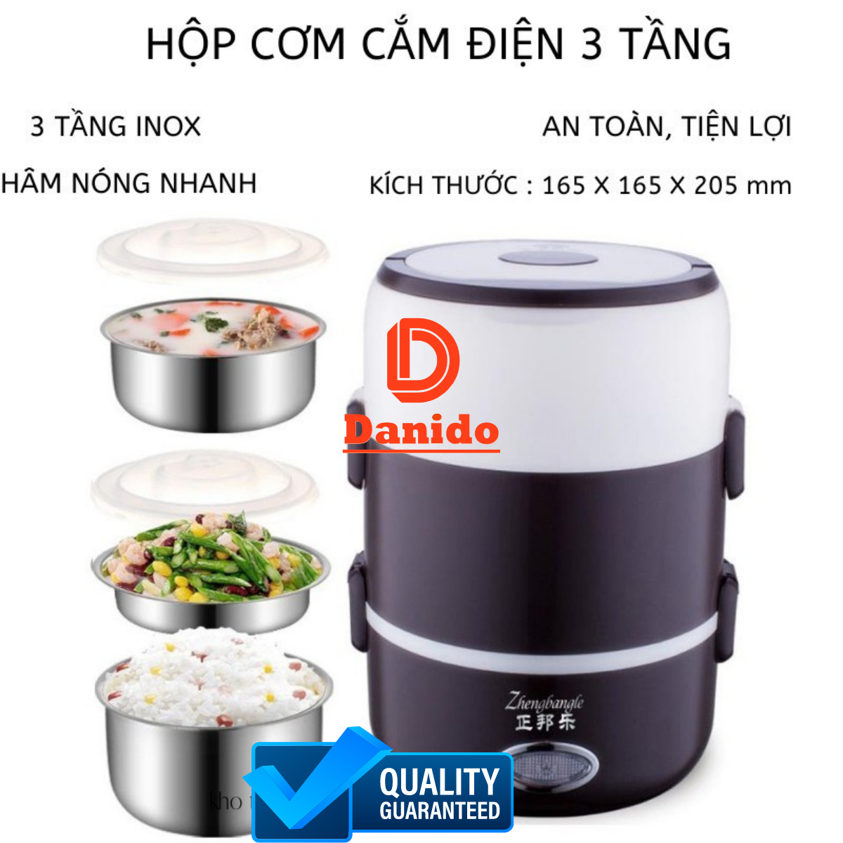 Hình ảnh Hộp cơm giữ nhiệt văn phòng cao cấp Inox 3 tầng - Bộ hộp cơm cắm điện có chức năng hâm nóng và giữ nhiệt - Hàng chính hãng D Danido