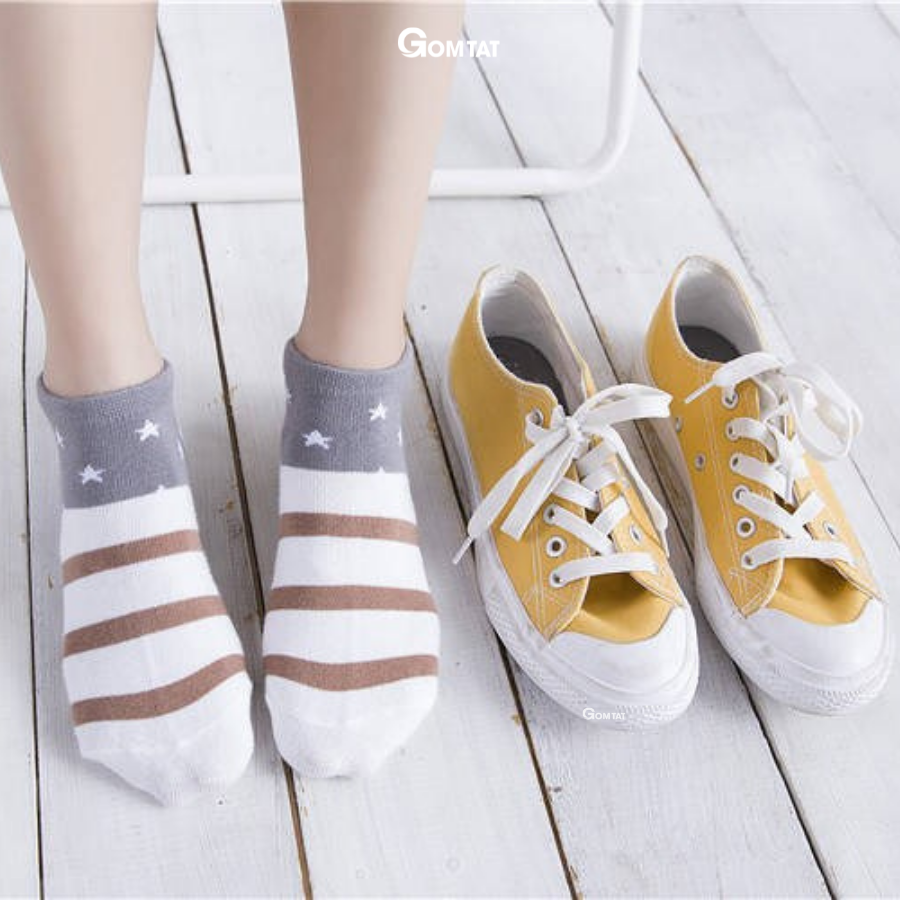 Tất vớ Nữ cổ ngắn, combo 5 đôi họa tiết sọc ngang CB002