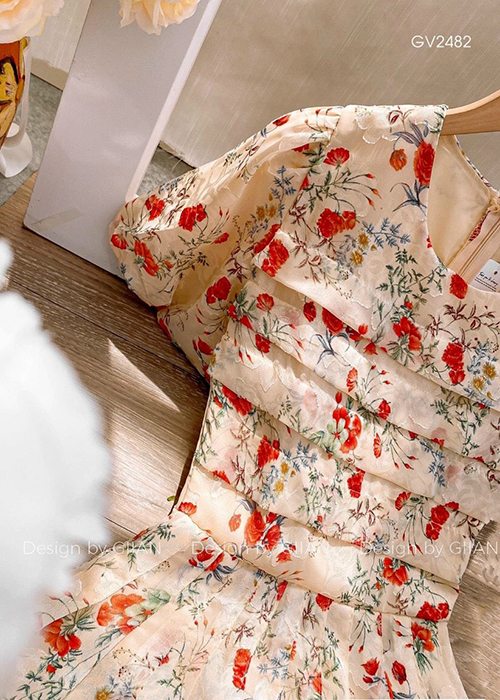 Đầm Maxi Voan Hoa 2 Lớp Tay Phồng Xếp Ly Ngực Thời Trang