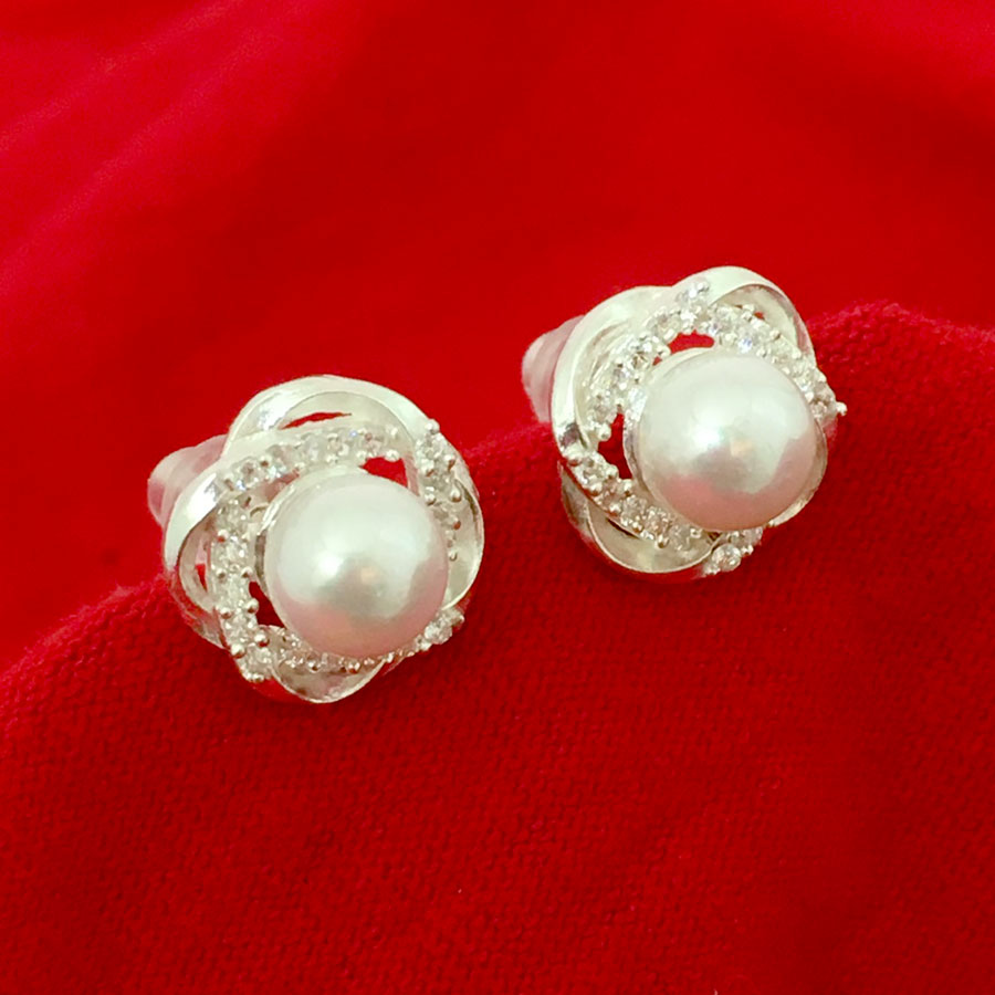 Khuyên tai nụ ngọc size 4ly chất liệu bạc ta đính đá cao cấp Bạc Quang Thản - QTBT109A
