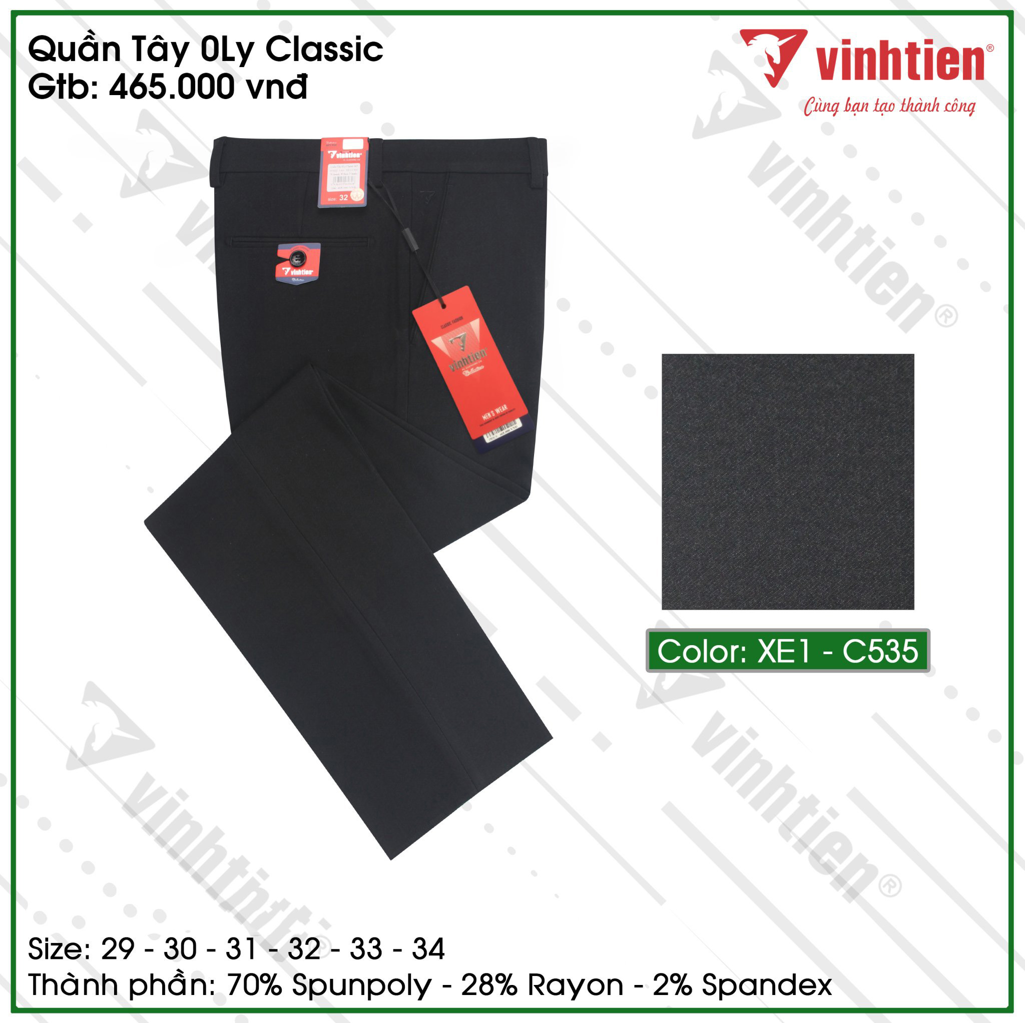 Quần Tây 0ly Classic 465 Vĩnh Tiến - Đen Trơn