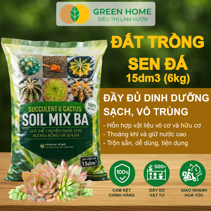 Đất Trồng Sen Đá GreenHome, Soil Mix BA, Bao 15dm3 ~ 6kg, Trộn Sẵn, 70% Đá Khoáng, Thoát Nước Tốt