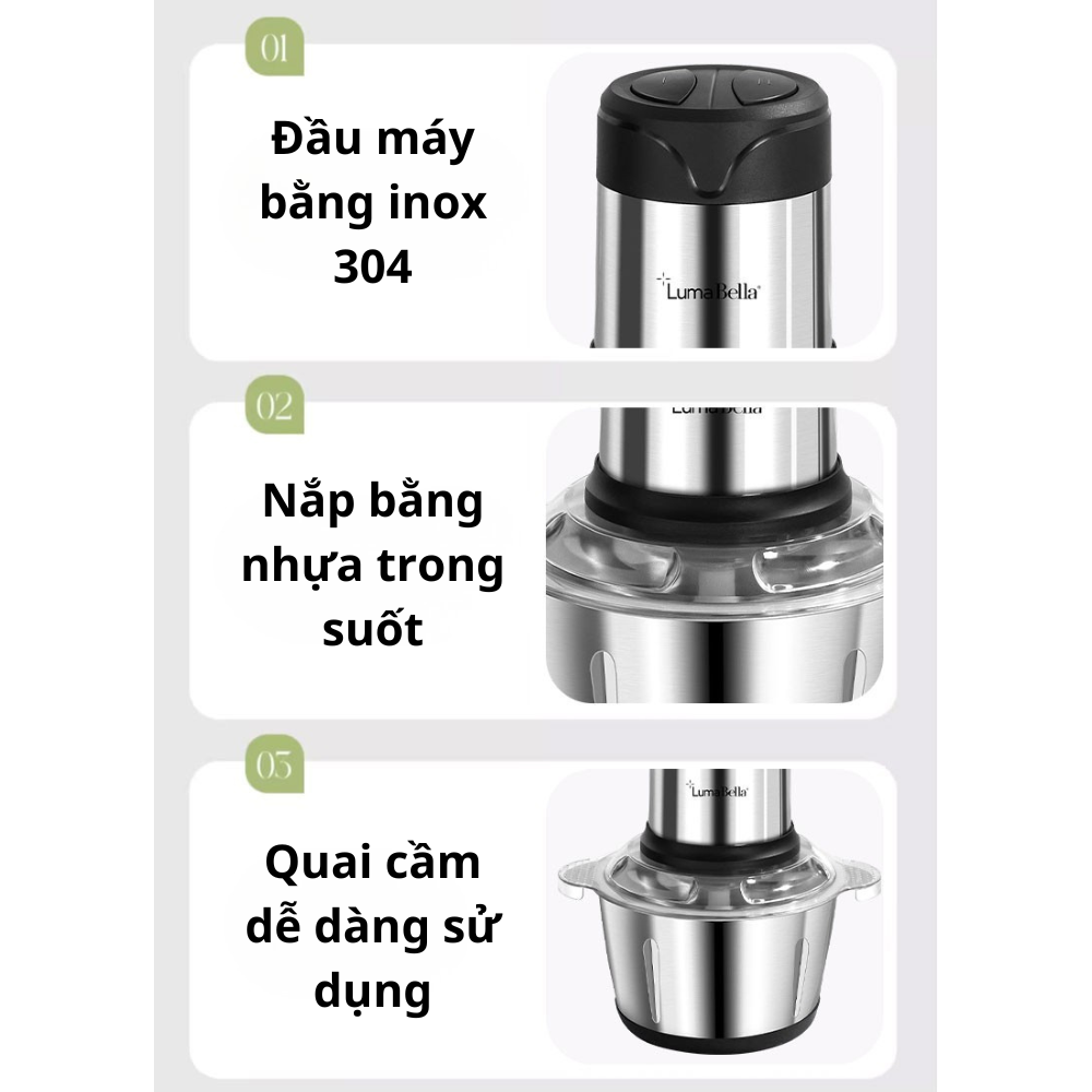 Máy xay thịt, máy xay sinh tố, xay đa năng Lumabella B-5002, công suất lớn 500W,cối 2L loại Inox304 - HÀNG CHÍNH HÃNG