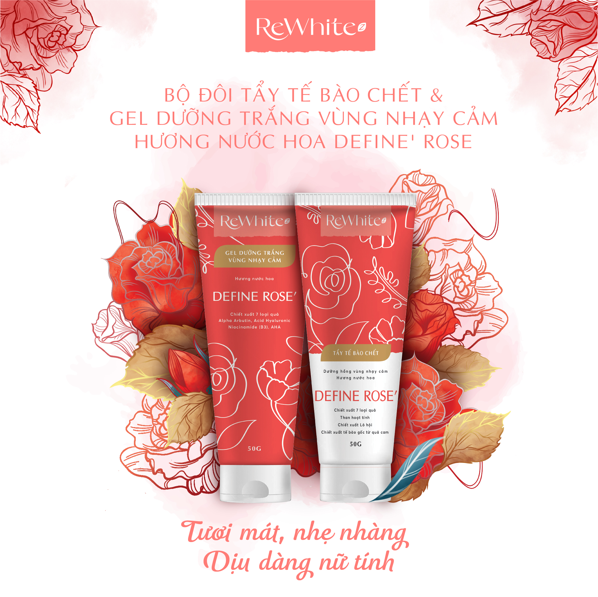 Combo Gel Tẩy Tế Bào Chết Và Dưỡng Trắng Vùng Nách, Mông, Bikini Rewhitez Hương Nước Hoa Quyến Rũ Define Rose 50g