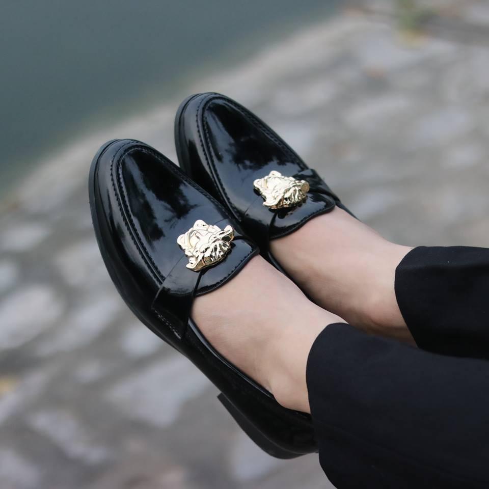 Giày lười giày nam da bóng kiểu dáng hàn quốc đai vs vàng