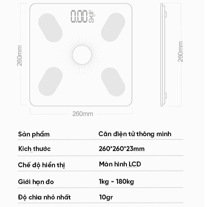 Cân sức khỏe điện tử thông minh phân tích cơ thể cân đo độ béo, mỡ, lượng nước, cơ bắp