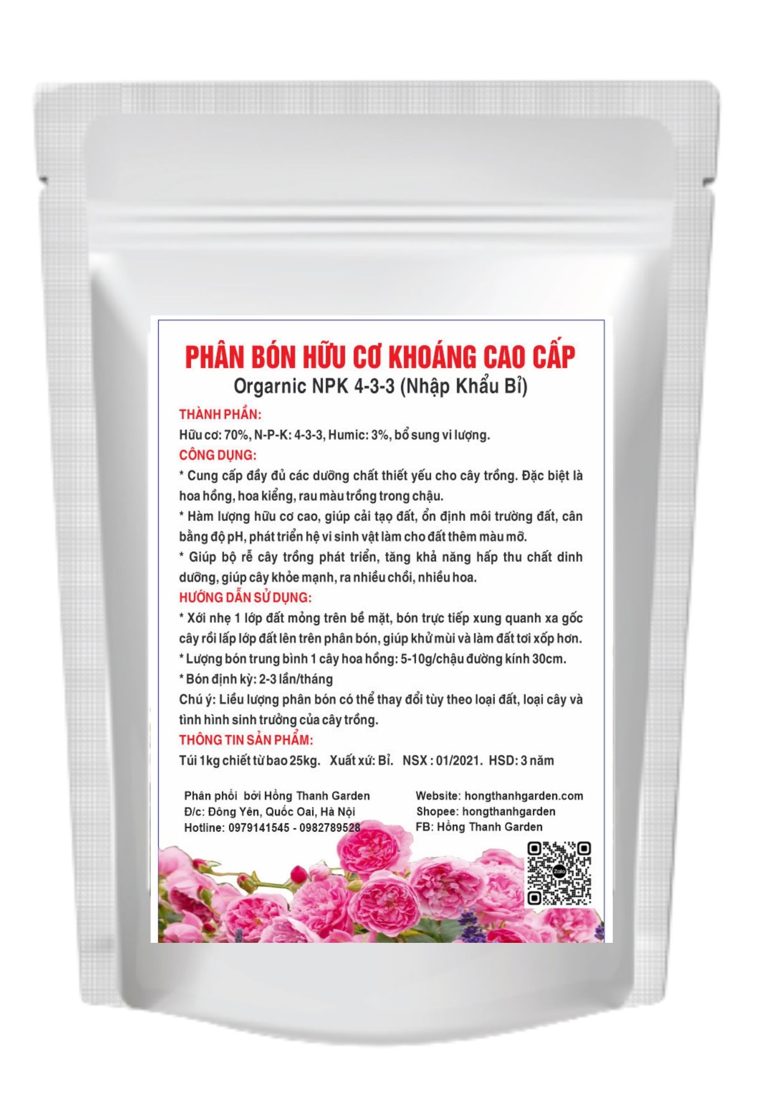 Phân Bón Hữu Cơ Khoáng Cao Cấp + Humic và vi lượng, chuyên dùng cho hoa Hồng, hoa cây cảnh, Rau Sạch Nhập Khẩu Bỉ (Gói 1kg)