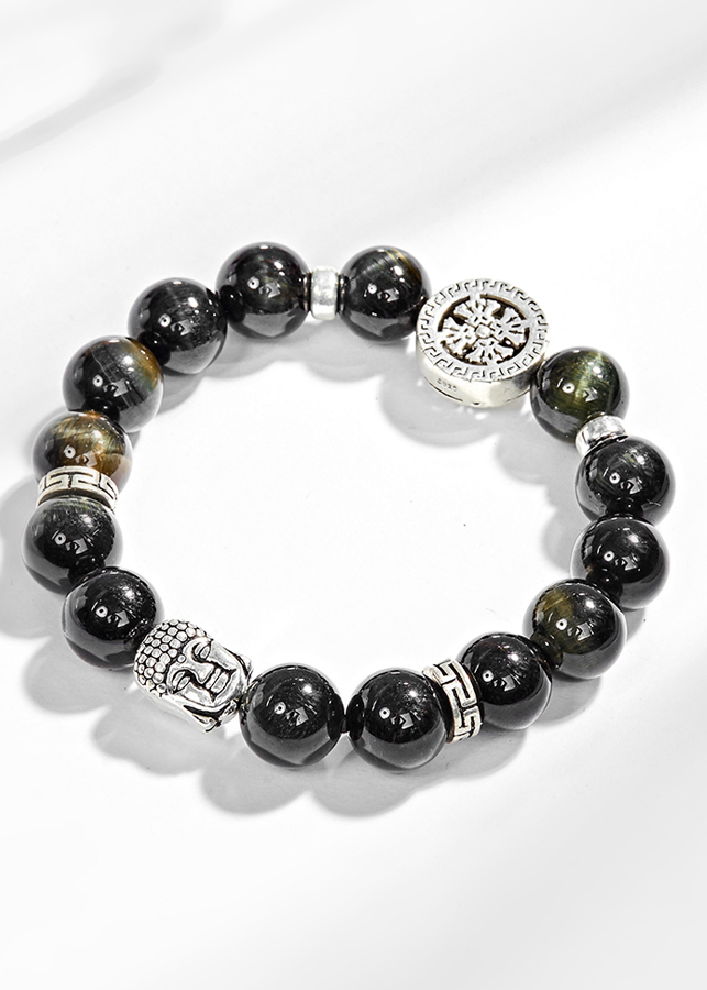 Vòng tay thạch anh mắt hổ xanh đen phối charm phật bạc (10mm) Ngọc Quý Gemstones