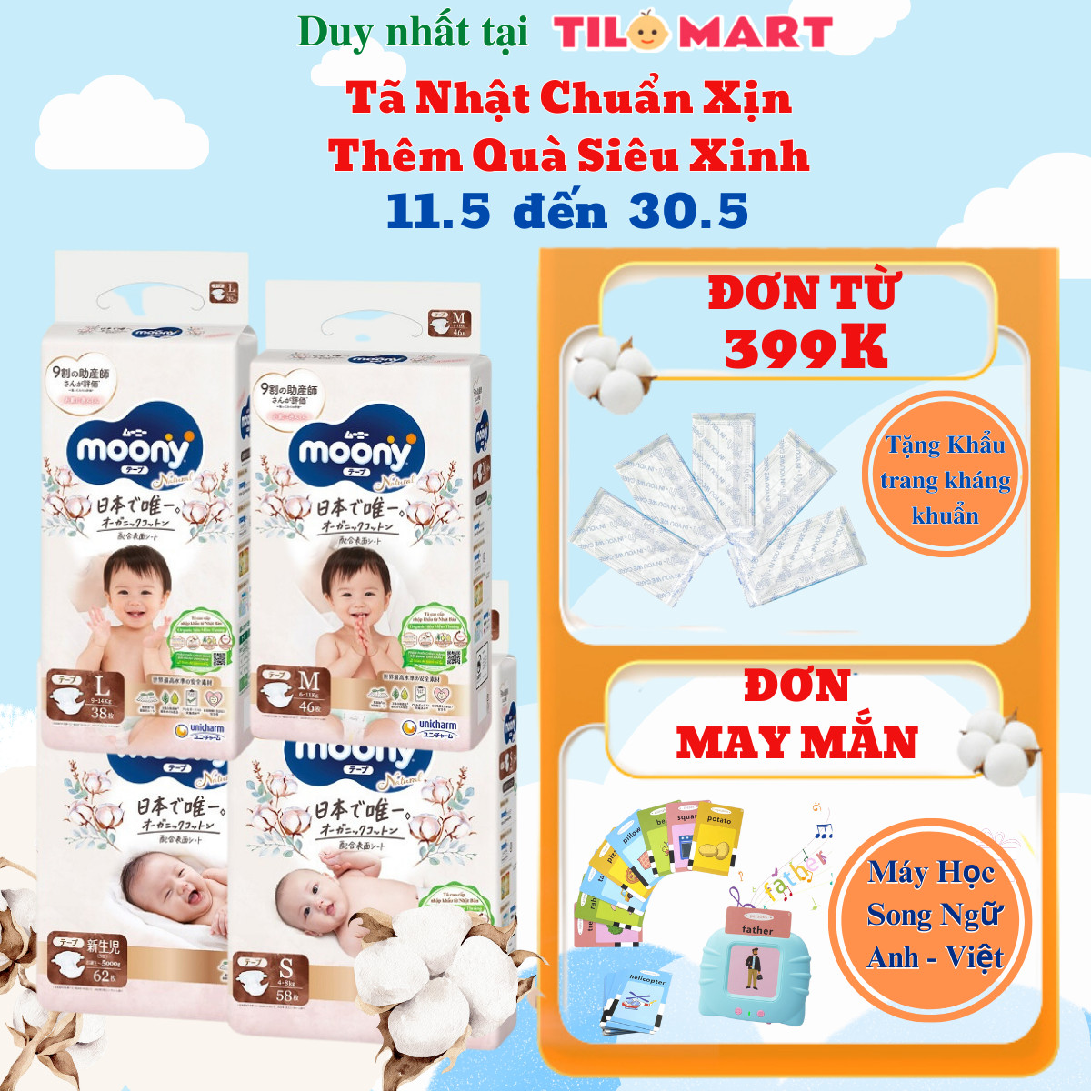 Tã bỉm dán Moony Natural L38 (9-14kg)