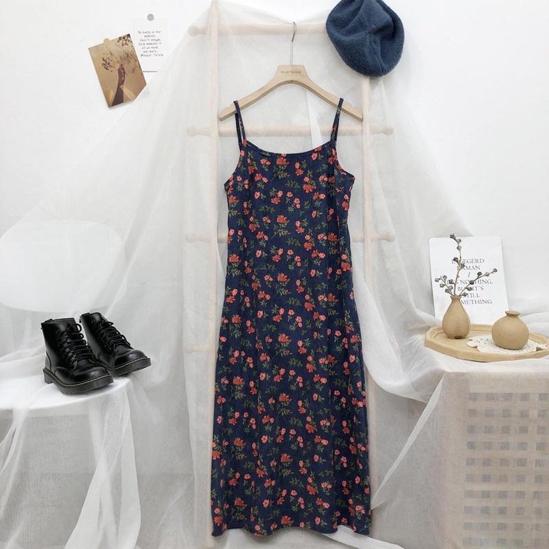 Váy 2 dây hoa nhí vintage dáng dài chất liệu nhung tăm / hàng có sẵn