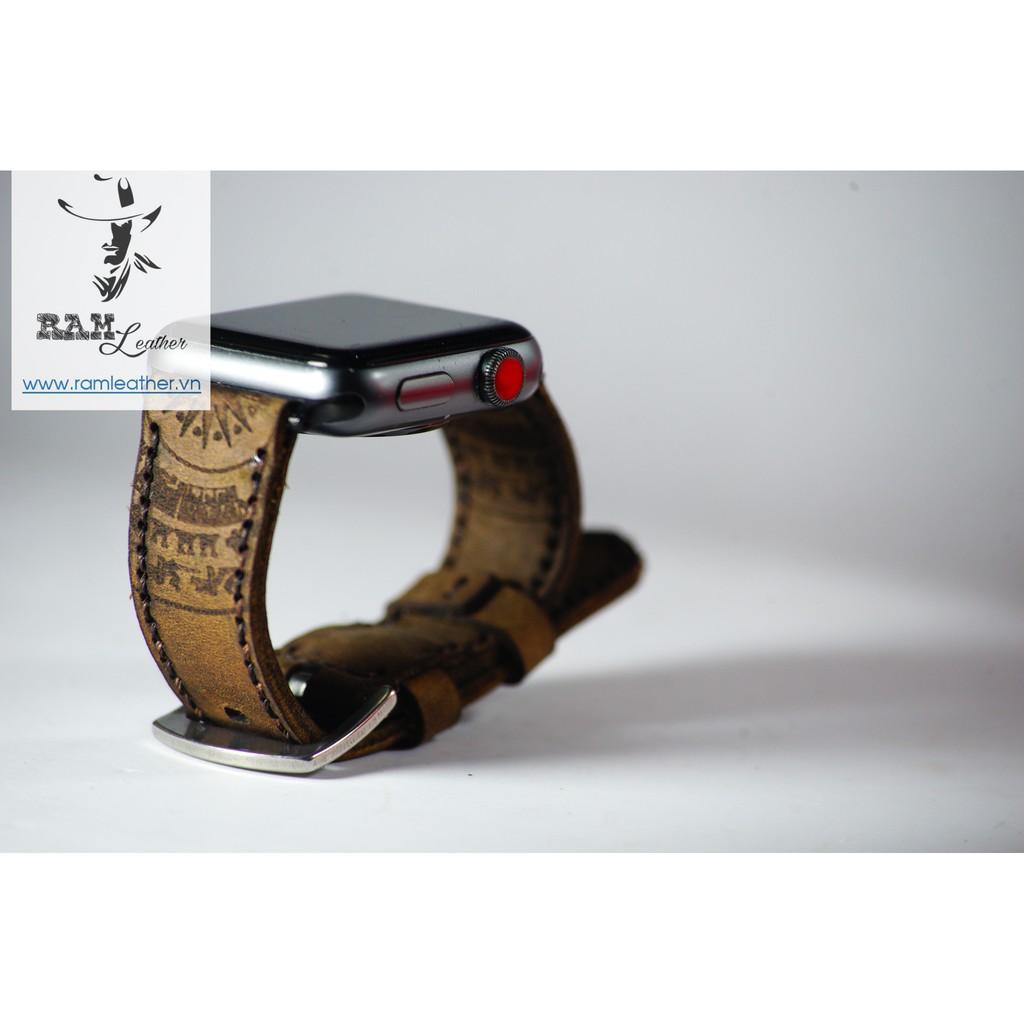 DÂY APPLE WATCH DA BÒ HANDMADE - RAM TRỐNG ĐỒNG NÂU ĐẤT