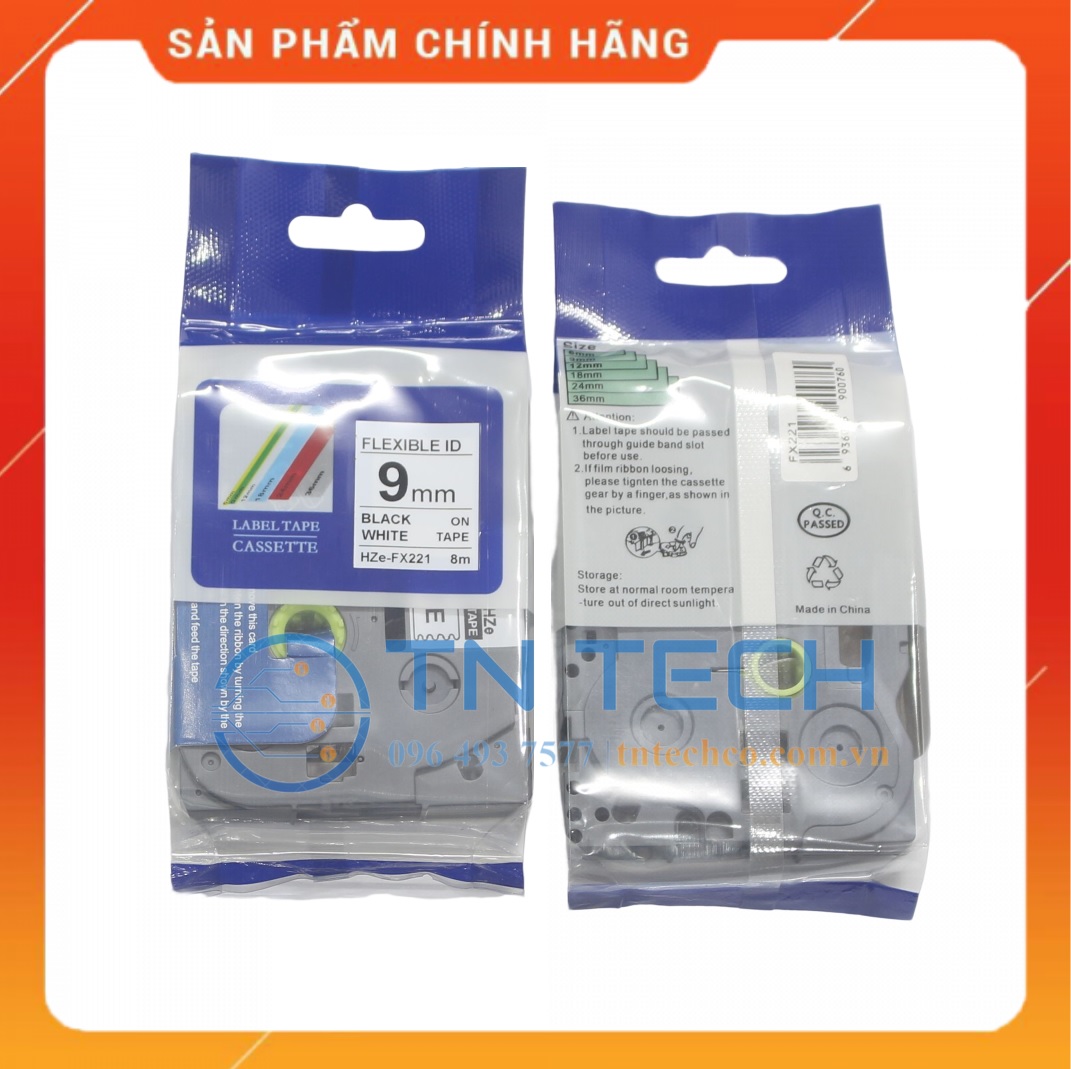 Nhãn In HZE-FX221 - Đen nền trắng 9mm x 8m - Dùng cho máy in BROTHER - AIMO - PUTY [Hàng nhập khẩu]