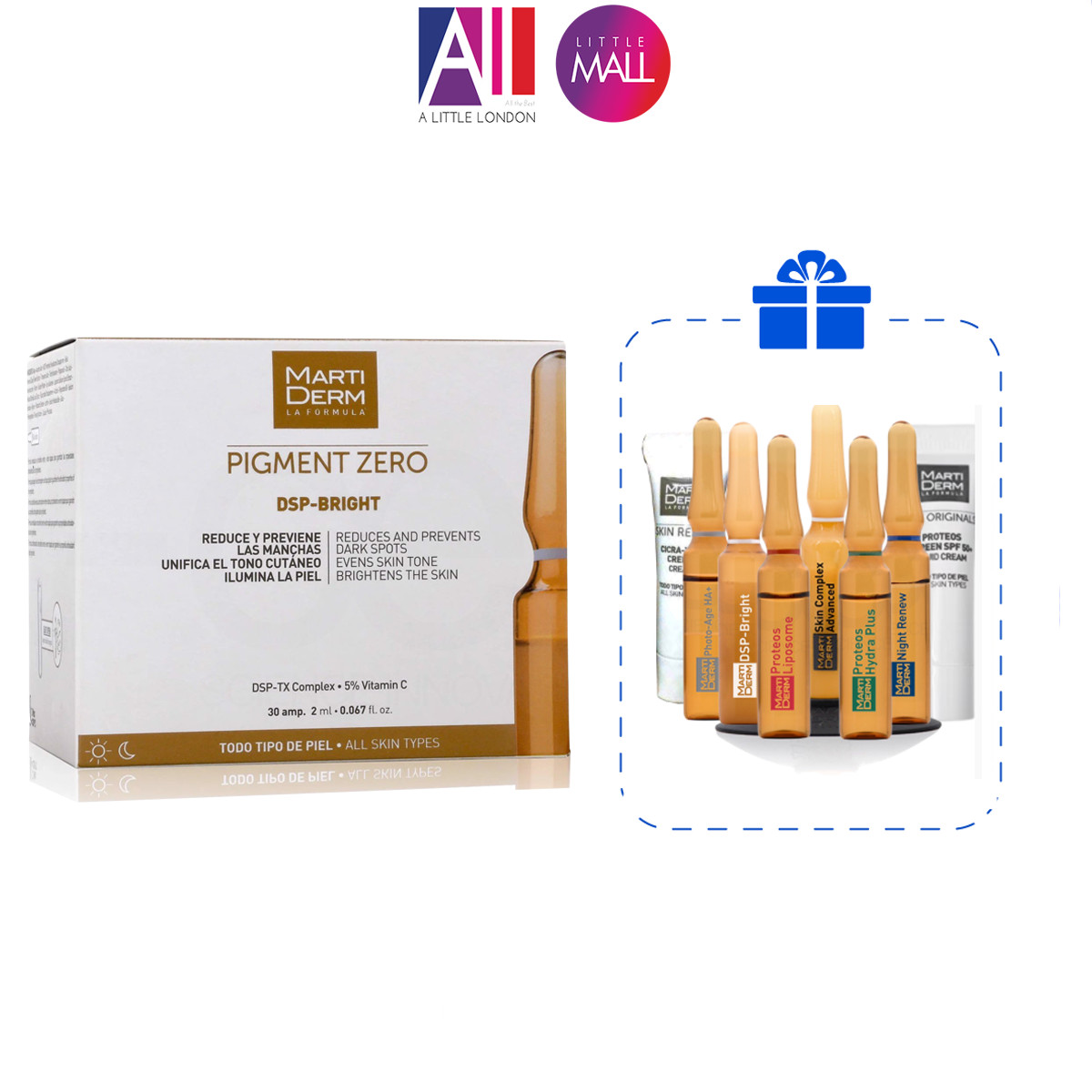 Tinh chất dưỡng sáng đều màu da MartiDerm pigment zero DSP Bright - Hộp 30 ống 2ml TẶNG bộ sản phẩm Martiderm