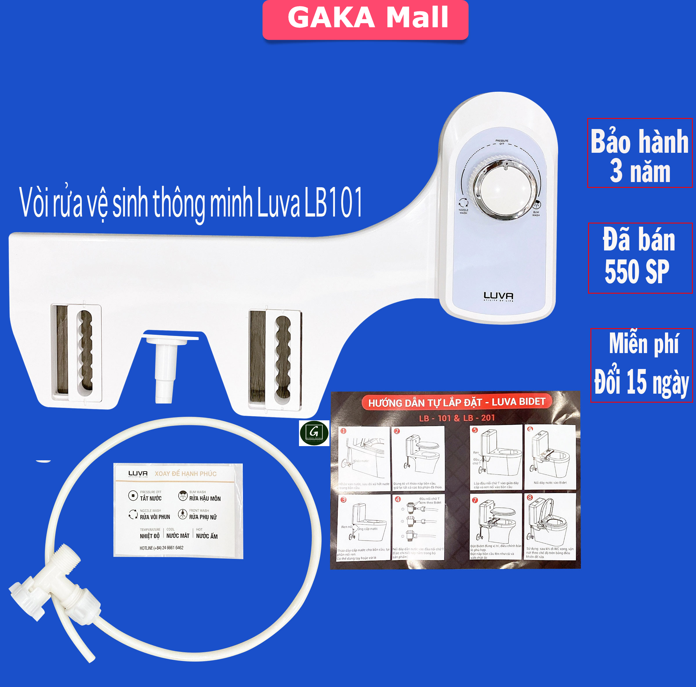 Vòi xịt vệ sinh thông minh Luva Bidet LB101, không dùng điện, công nghệ Hàn Quốc