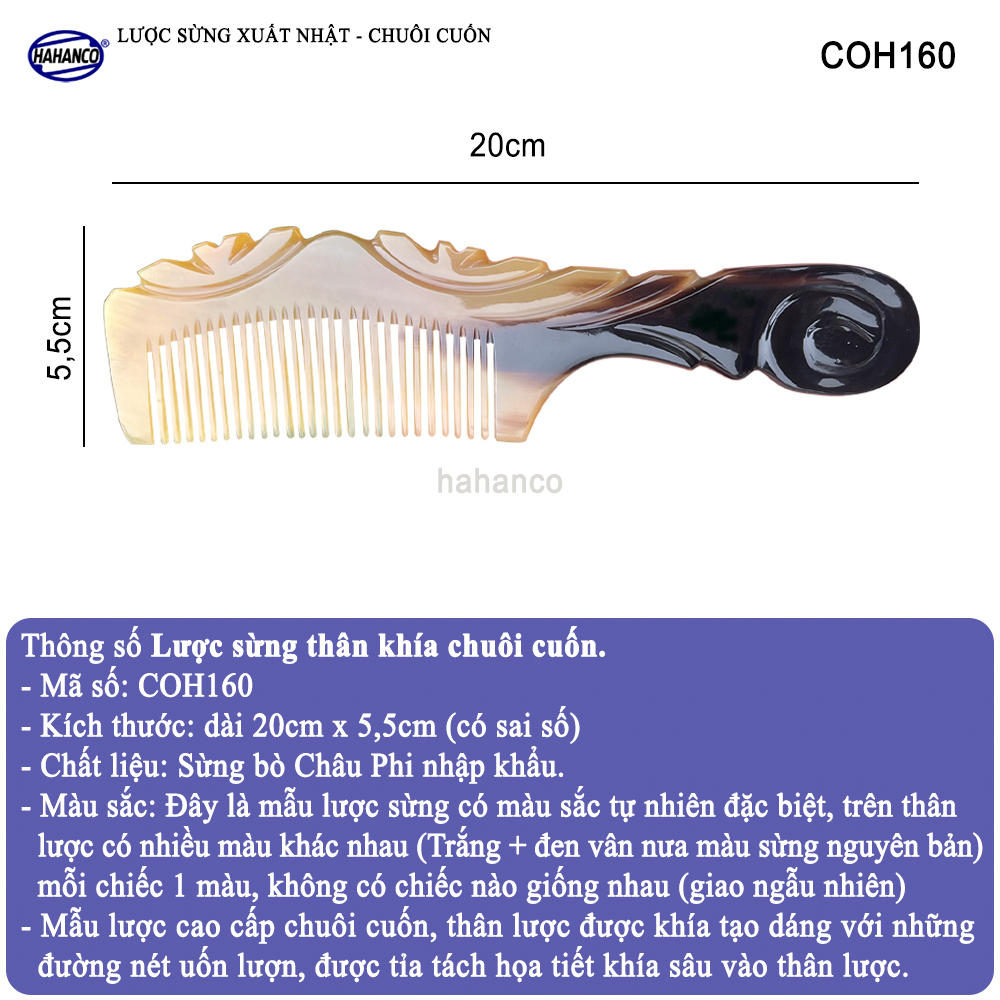 Lược Sừng Vân Nưa Chuôi Cuốn Họa Tiết Uốn Lượn Sắc Sảo, Chăm sóc tóc - COH160