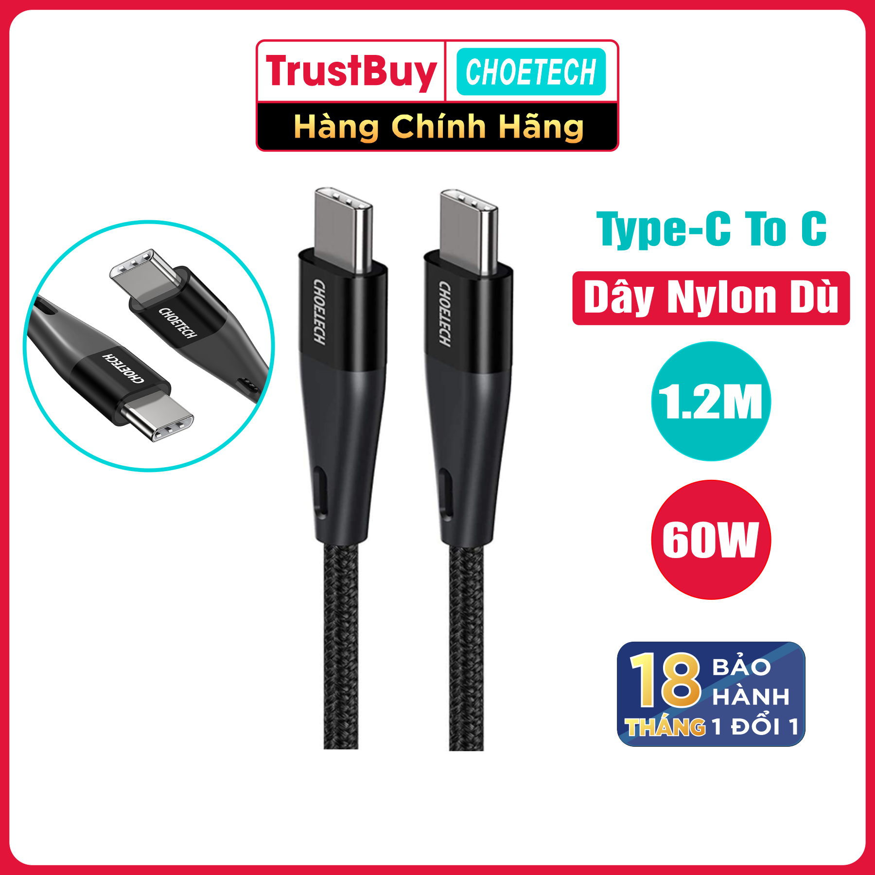 Dây Cáp Sạc Nhanh USB Type C To Type C 60W Dài 1.2M Hỗ Trợ Sạc Nhanh iPhone 15 CHOETECH XCC-1003 - Hàng Chính Hãng