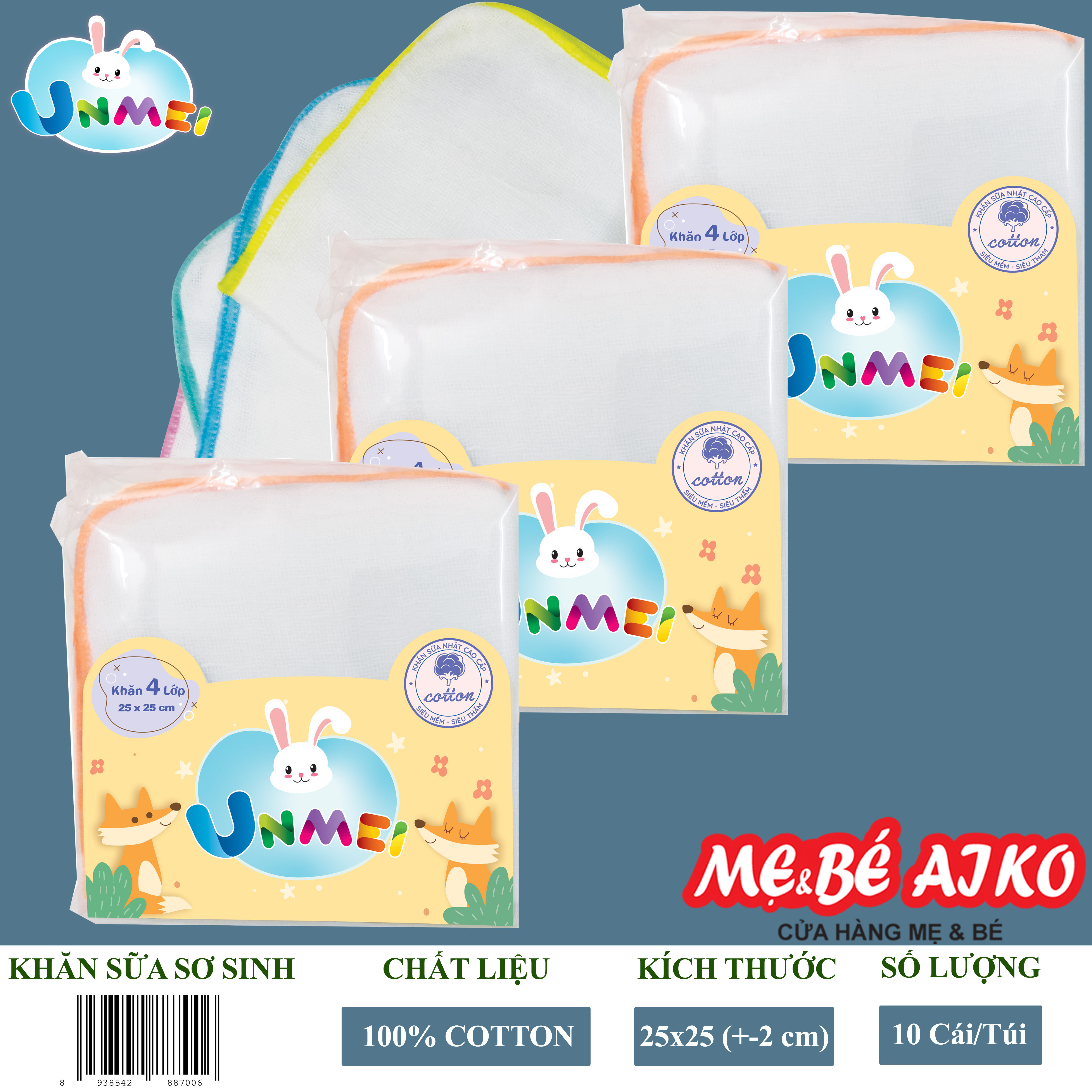 Gói 30 Khăn Sữa Vải Gạc Unmei Dày 4 lớp 25x25cm 100% cotton
