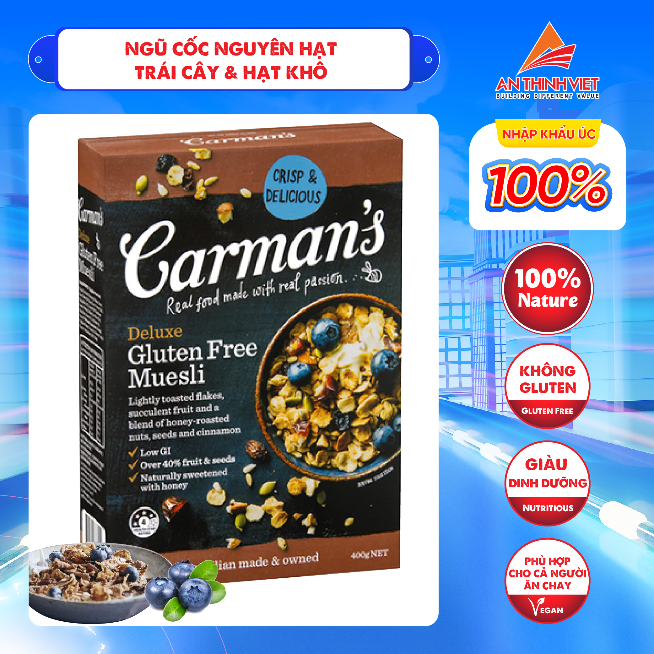 Ngũ Cốc Nguyên Hạt Trái Cây &amp; Hạt Khô Cao Cấp Carman's - Deluxe Gluten Free Muesli Hộp 400g