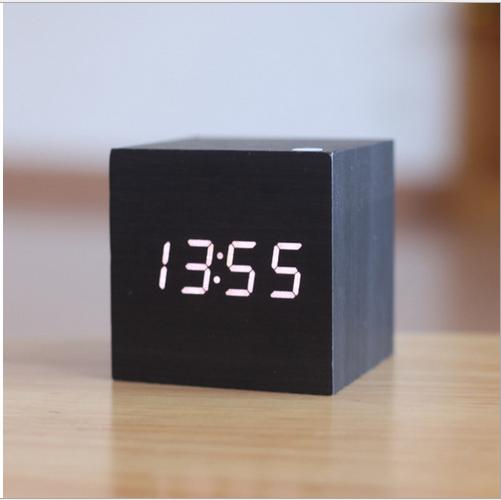 Đồng hồ LED để bàn hình hộp gỗ - Nhiệt kế - Báo thức - Cảm ứng âm thanh