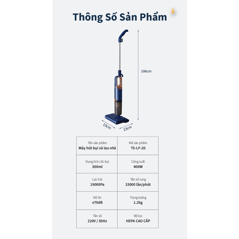 Máy hút bụi lau sàn 2 trong 1 TS-LF-20, họp chưa nước-lực hút 19000pa hút sạch bụi bẩn, bộ lọc HEPA-Hàng chính hãng