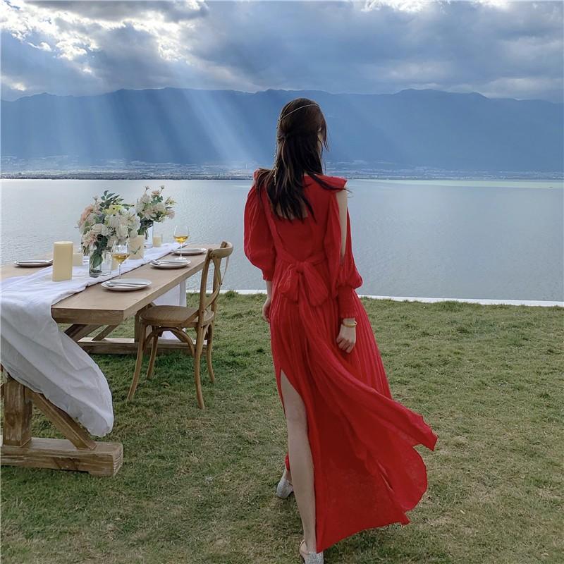 ĐẦM MAXI VÁY MAXI VOAN ĐỎ TAY DÀI TAY KHOÉT HÀNG QUẢNG CHÂU