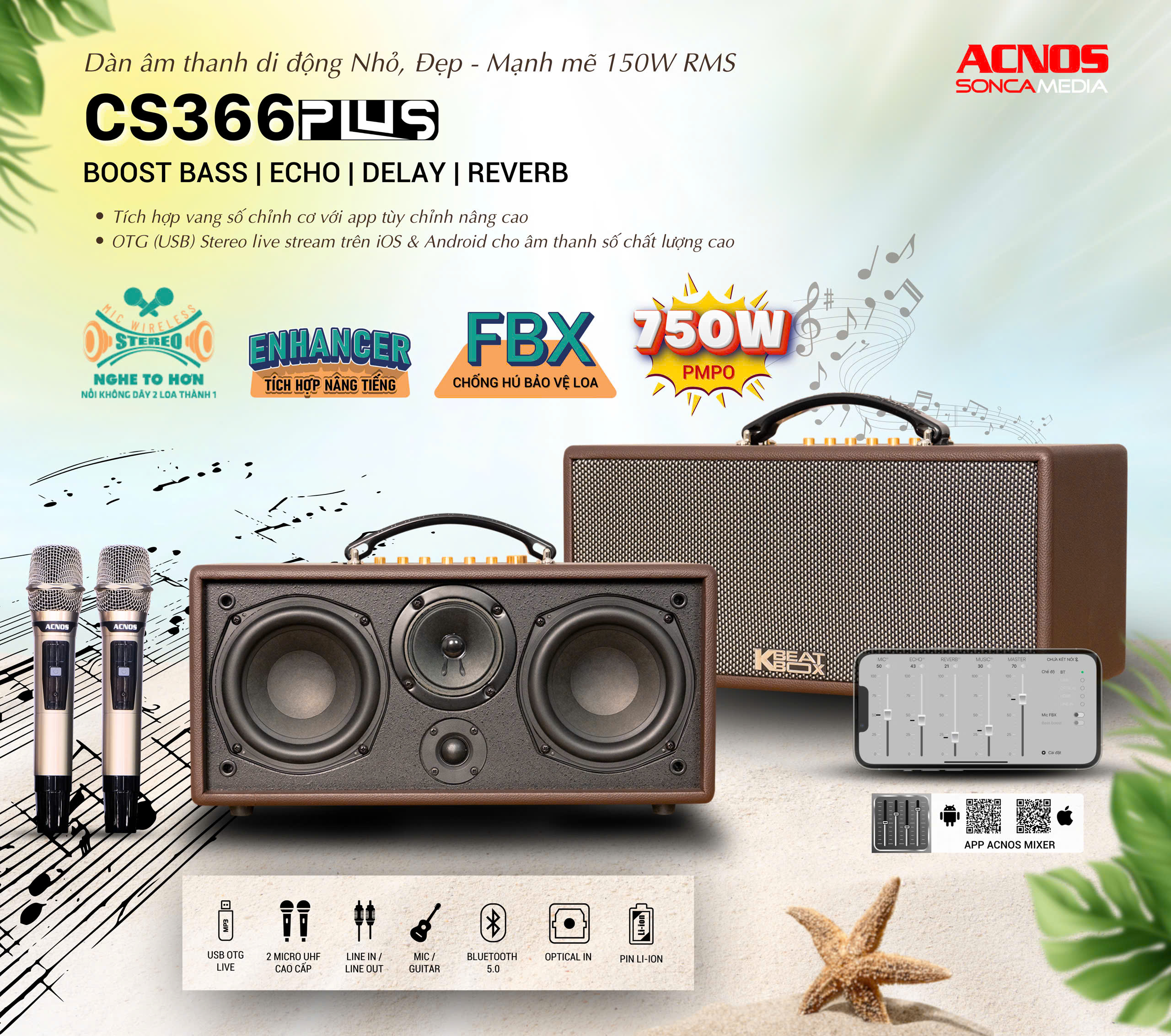 Dàn Âm Thanh Di Động Xách Tay ACNOS CS366 PLUS - HÀNG CHÍNH HÃNG