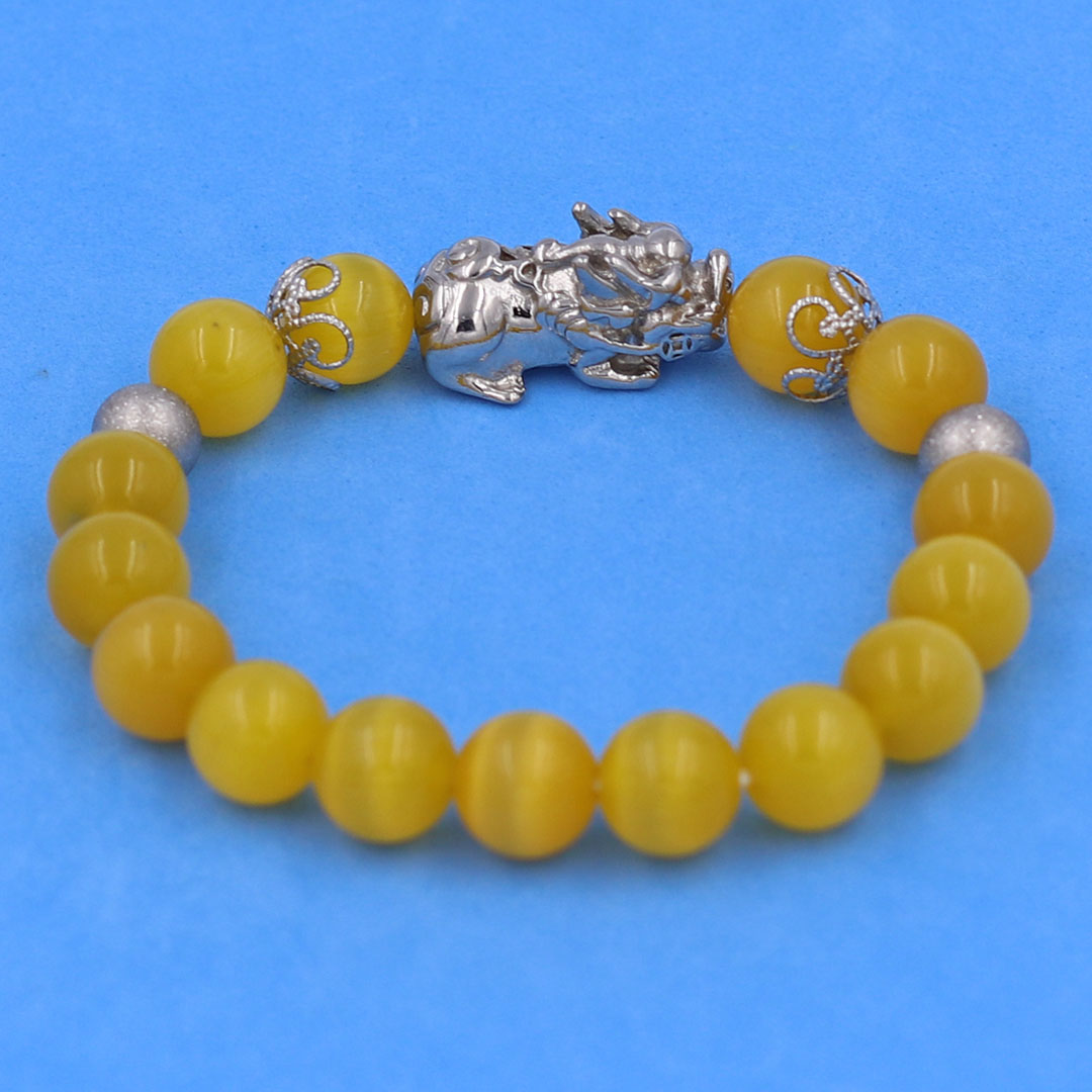 Vòng chuỗi đeo tay đá mắt mèo vàng 10 ly charm tỳ hưu inox, bi inox, khía bông inox, vòng tay phong thuỷ, vòng tay tỳ hưu