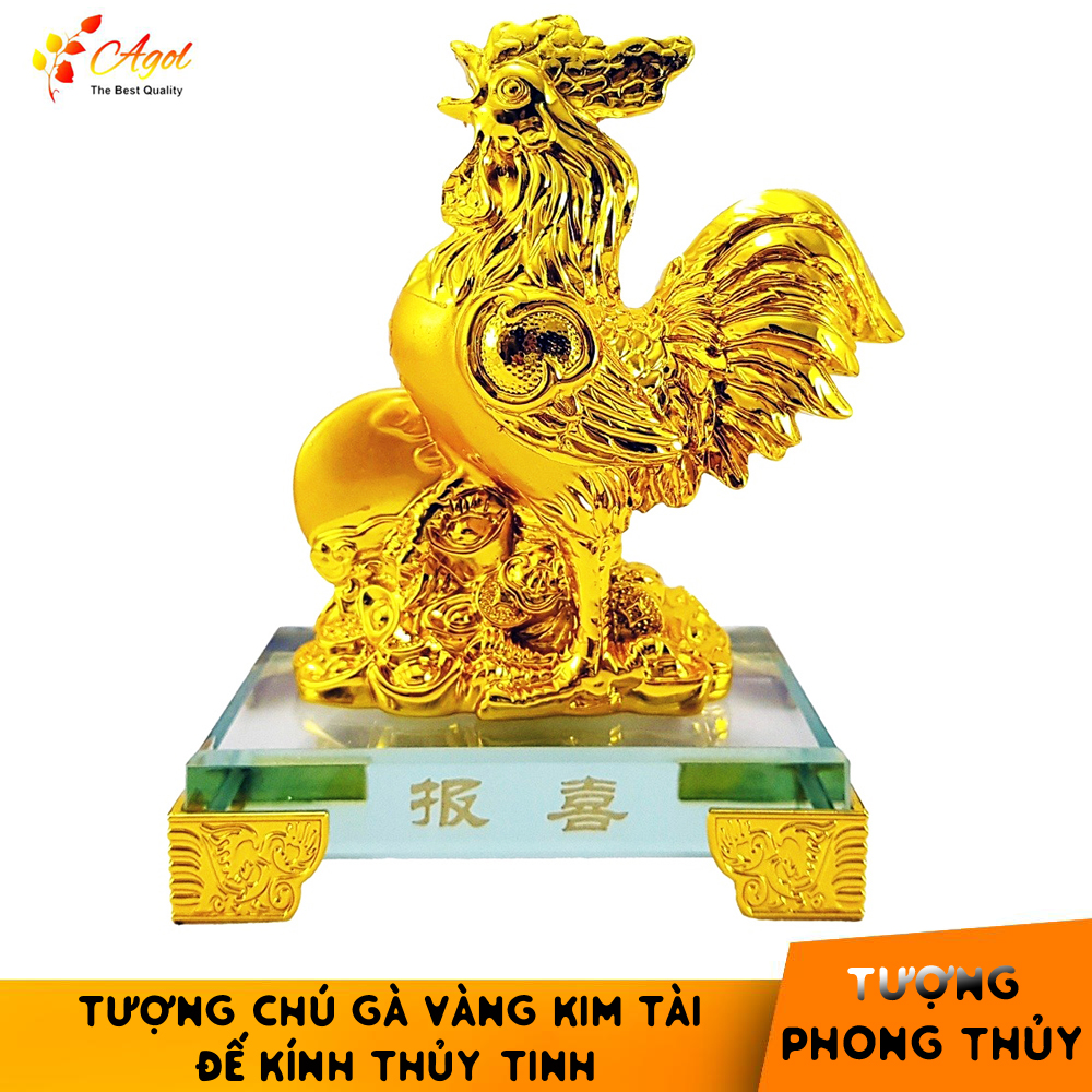 Tượng chú gà vàng đế kính thủy tinh cao cấp - Tượng Thần Kê Chiêu Tài