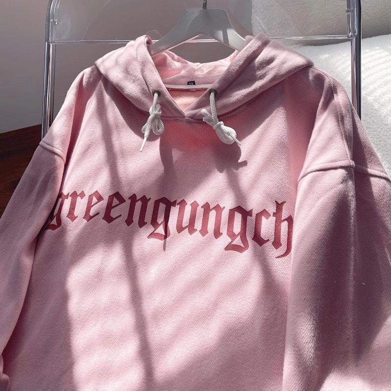 Áo Hoodie Nỉ Hồng GREENGUN Dáng Rộng In Chữ Mũ Trùm