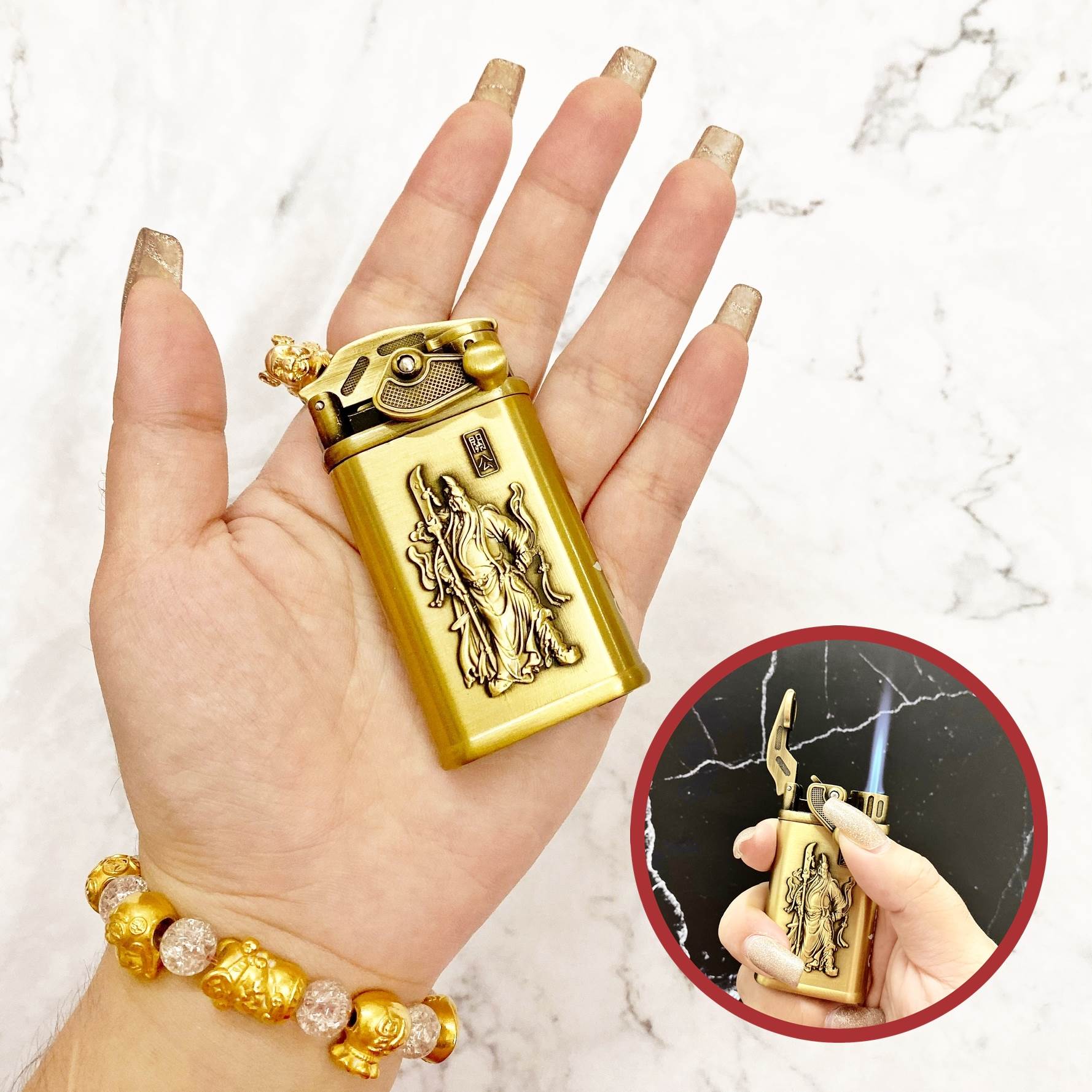 Hột quẹt bật lửa khè CHIEF búng tay đánh lửa khắc nổi hình quan công CF020 - xài gas