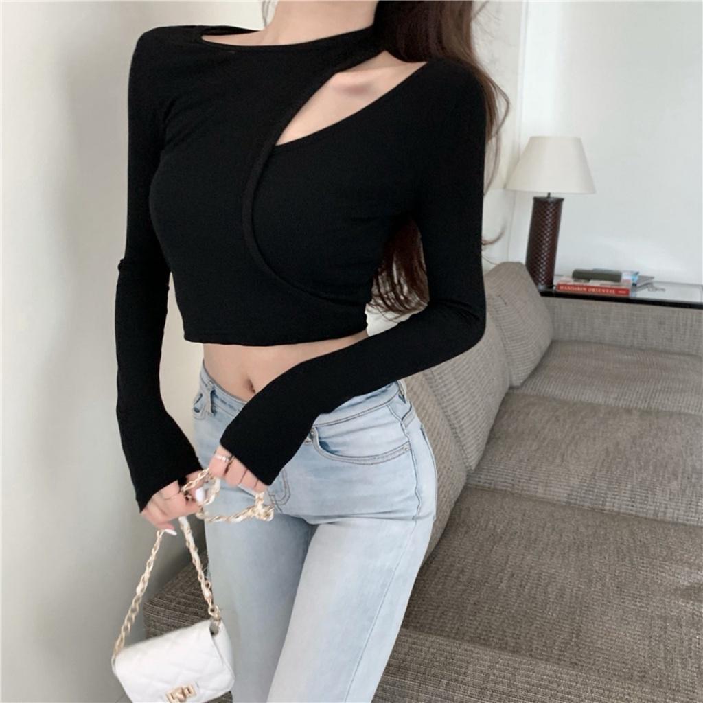 Áo croptop nữ body dài tay HAGA hở vai cổ tròn phối lồng thân ALTD11