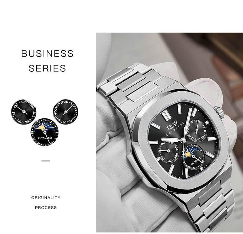 Đồng hồ nam chính hãng I&W CARNIVAL 55886G-2 mặt đen size mặt 42mm,kính sapphire ,chống nước 50m,dây thép không gỉ