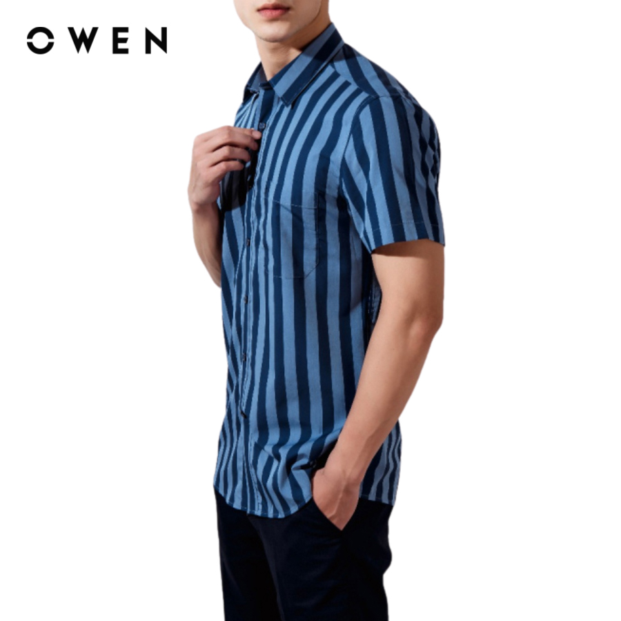 OWEN - Áo Sơ Mi nam Ngắn tay form Regular Fit chất liệu Bamboo kẻ sọc nhỡ có túi - AR22663NT