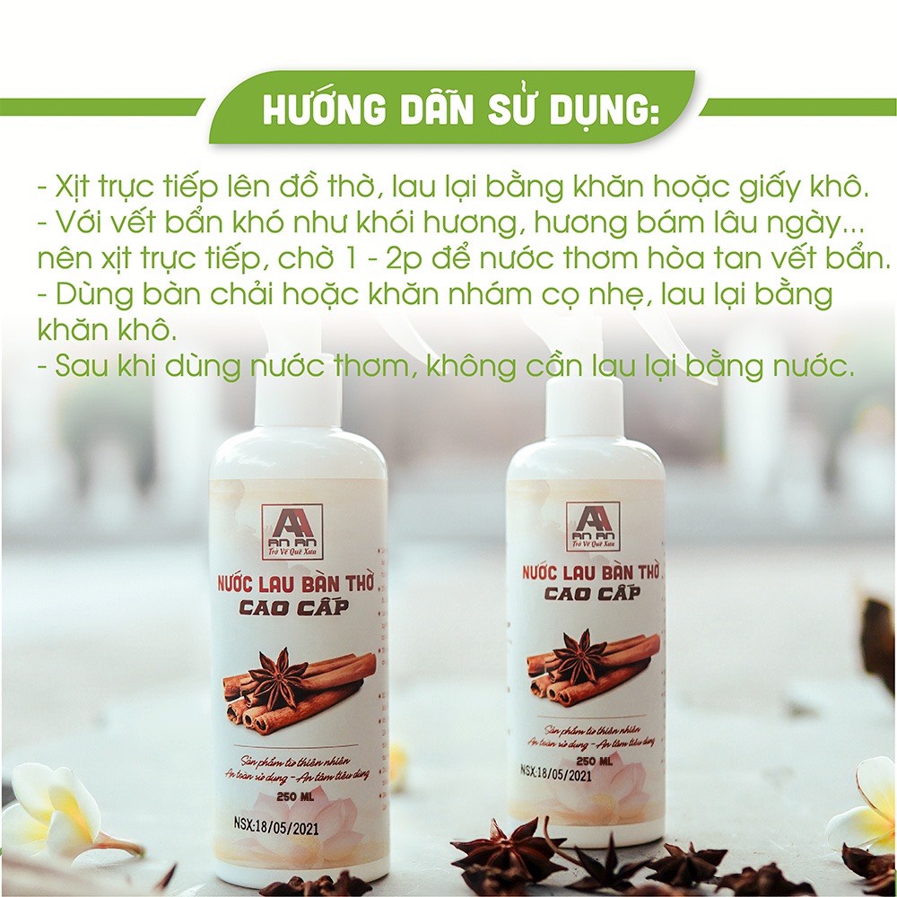 Nước lau bàn thờ AN AN cao cấp 100% thiên nhiên, tinh chất quế và các loại thảo mộc 250ml