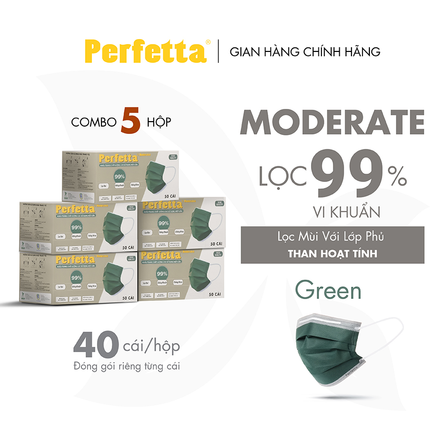 Combo 5 Hộp - Perfetta Moderate - Khẩu Trang Y Tế Chất Lượng Cao, Kháng Khuẩn, Chống Bụi Mịn, 3 Lớp, Bảo Vệ Tối Ưu - 50 Cáihộp - Xanh Rêu