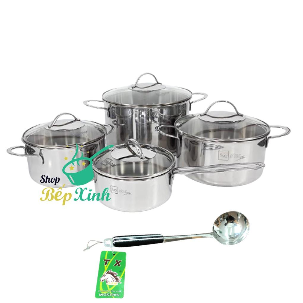 Bộ nồi 3 lớp đáy liền inox 304 Fivestar Plus quai oval nắp kính , tặng 1 vá canh- BỘ NỒI BẾP TỪ CAO CẤP