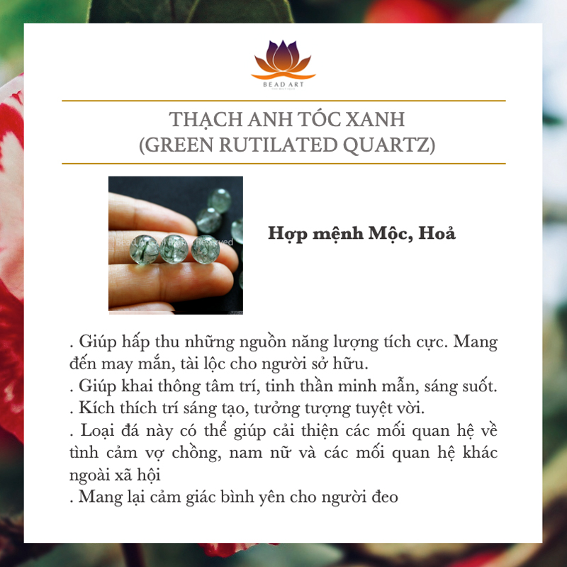 Vòng Tay Thắt Dây Thạch Anh Tóc Xanh 9MM Tự Nhiên Loại AA, Mệnh Mệnh Hoả, Mộc, Vòng Tay Phong Thuỷ, Chuỗi Hạt - Bead Art