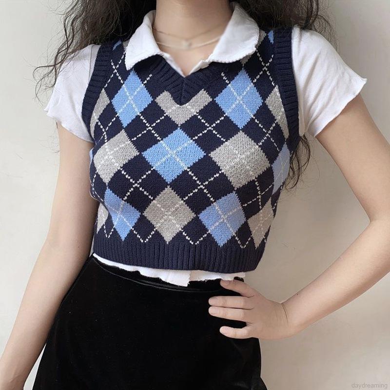 Áo Tank Top Dệt Kim Cổ Chữ V Kẻ Sọc Màu Tương Phản Cá Tính Cho Nữ