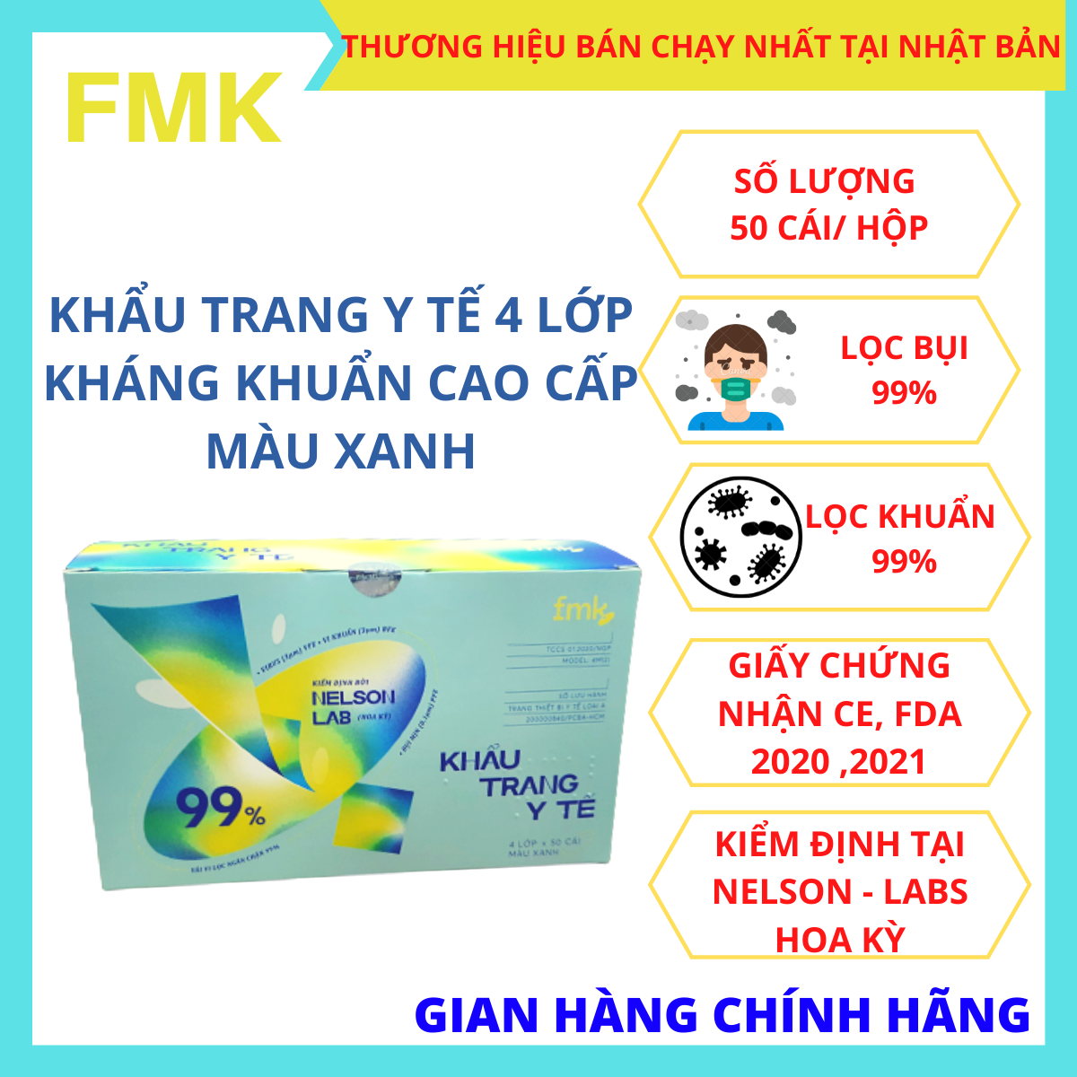 Khẩu Trang Y Tế 4 Lớp Cao Cấp Màu Xanh - Thương Hiệu FMK - Hộp 50 cái - Chuẩn Quốc Tế