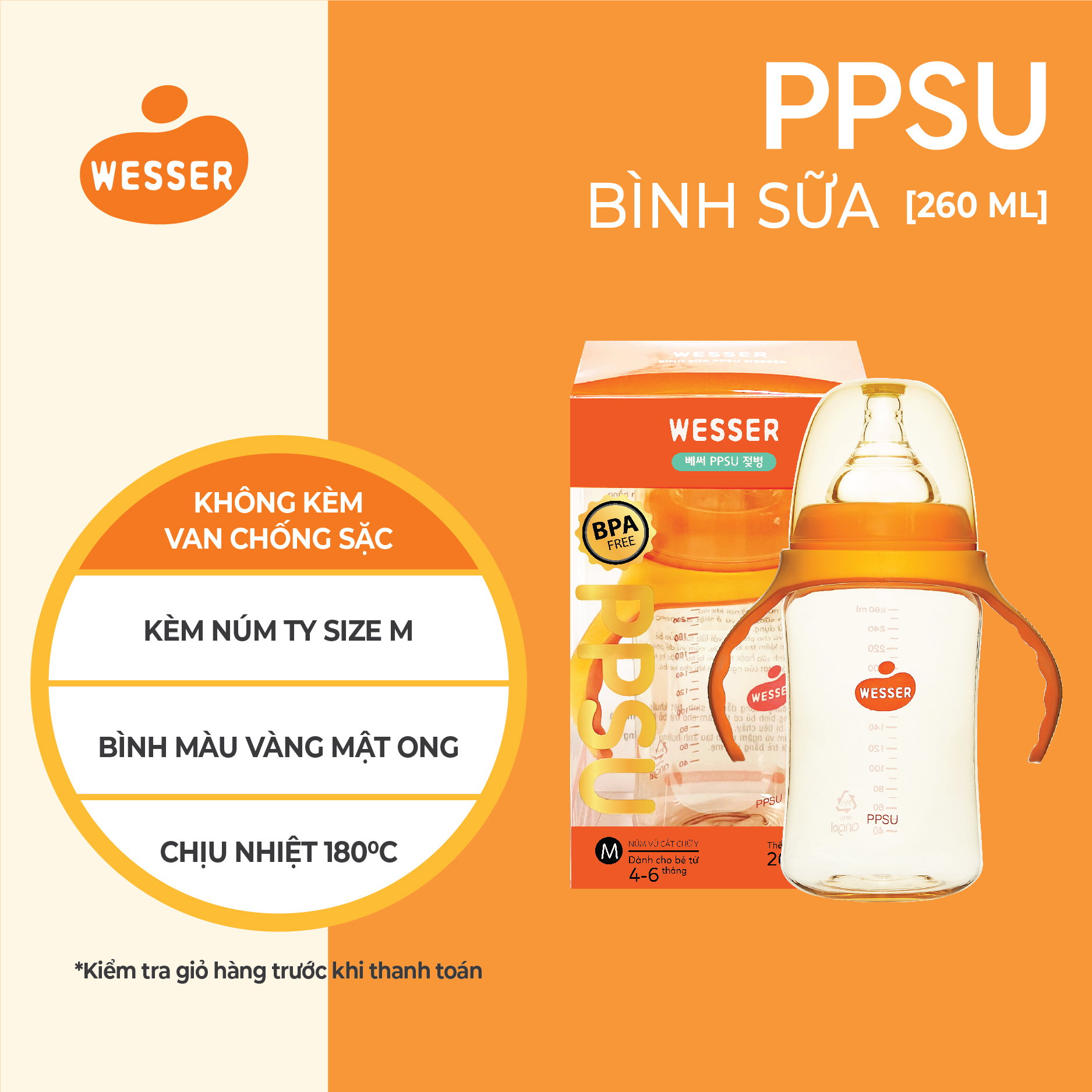 Bình sữa Cổ Rộng PPSU Wesser 180ml/260ml