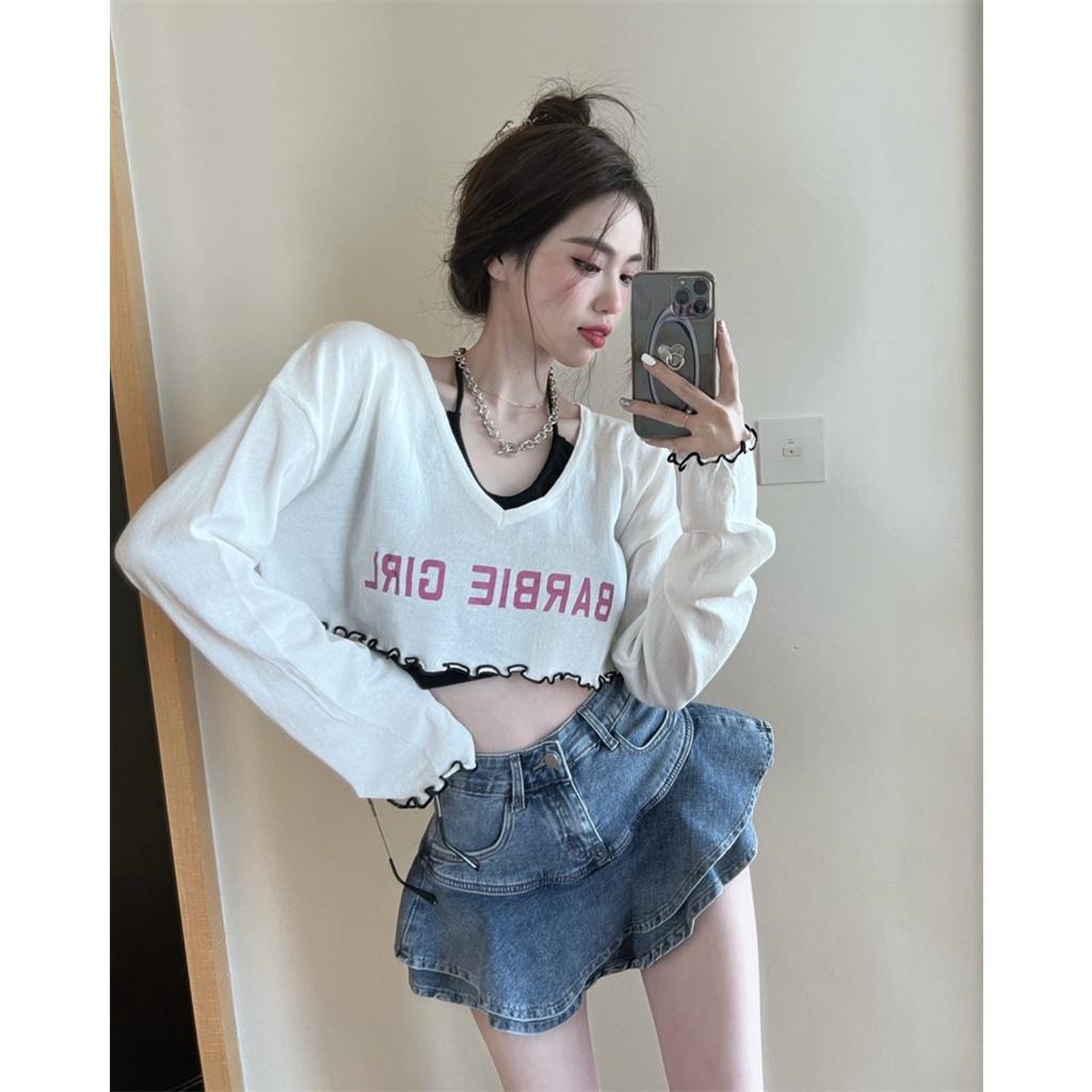 Bộ Áo Croptop Chạy Viền Barbie Áo Yếm Nữ Set Áo Crt Nữ Dài Tay Kèm Áo Trong In Chữ 2 Màu