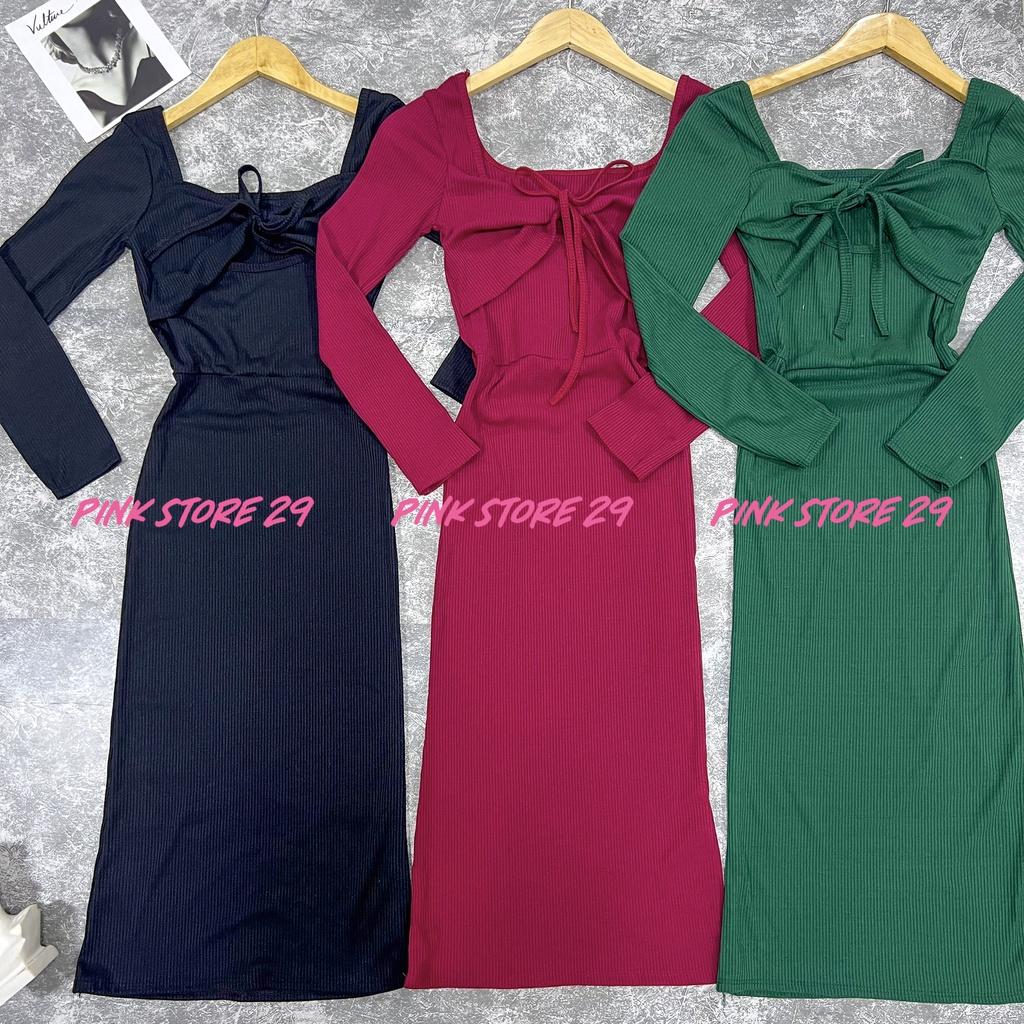 Đầm Maxi Body Dài Tay, Thiết Kế Dáng Ôm Cut-out Ngực Phối Dây Treo Sang Trọng Gợi Cảm D061