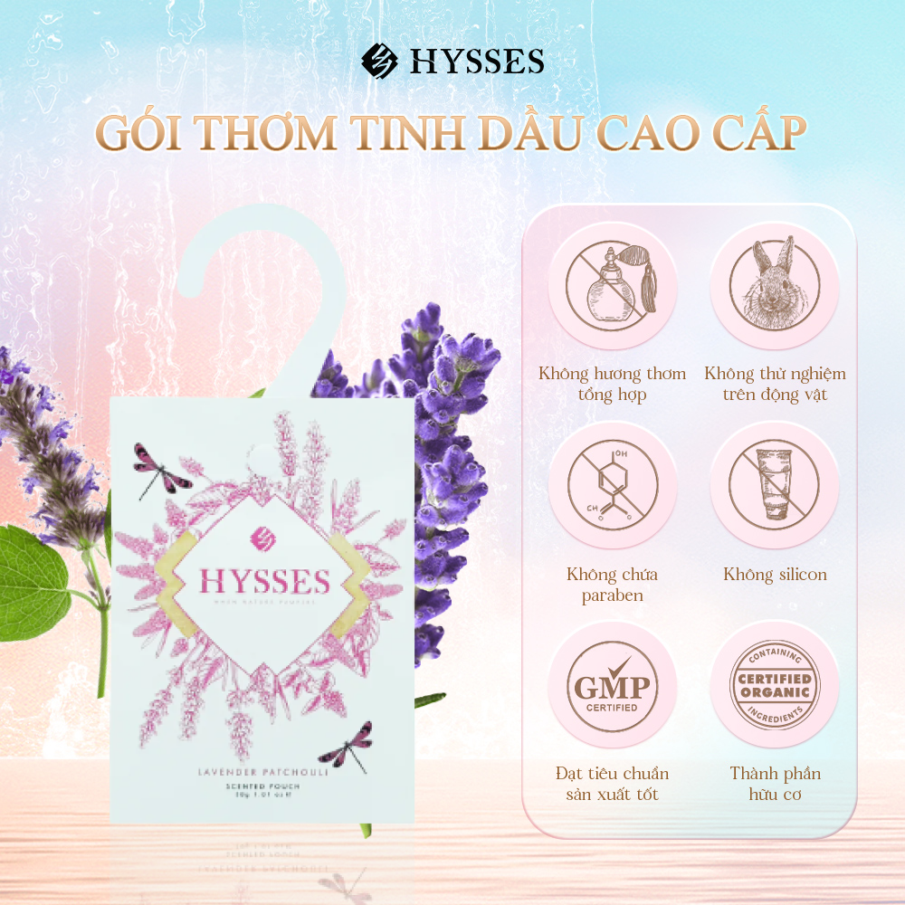 Túi Thơm Cao Cấp Hysses Scented Pouch Hương Thơm Dễ Chịu, Giảm Căng Thẳng, Khử Mùi, Làm Thơm Phòng, Tủ Quần Áo với Tinh Dầu Oải Hương - Hoắc Hương Hữu Cơ Tự Nhiên